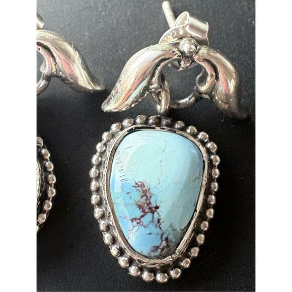 New Hespera 925 Sterling Silver & Kingman Turquoise Oval Dangle Drop Earrings - Picture 5 of 8